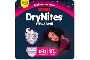 HUGGIES DryNites®, sous-vêtements de nuit ultra-absorbants, 8/13 ans Filles (30-48 kg), 4x13 culottes ; la solution idéale, pour les enfants qui font pipi au lit, adapté à la morphologie des filles.