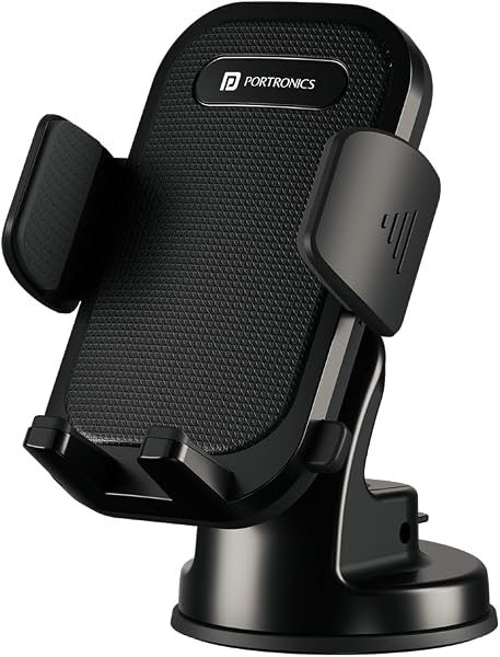 Portronics Clamp M4 Car Phone Holder Stand with 360 Degree Rotation, Strong Grip, Suction Cup Mount, Single Hand Use, Shockproof Build, Mobile Stand for Car (Bl