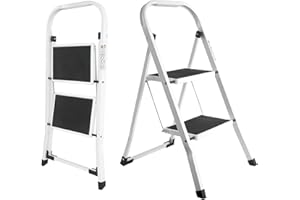 Meykoers Trittleiter 2 Stufen Klappbar mit Handlauf, rutschfeste Klapptritt 2 Stufen mit Breiten Stufen, Platzsparende Klapptritt Faltbar, Klapptritt 2 Stufen mit 150 kg Belastbarkeit, Weiß