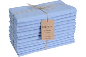 CottonCove Hemstitch Cloth Dinner Napkins Cotton 12 Pack - Soft Durable Washable - Ideal for Farmhouse Parties Wedding Christmas Easter - Perfect Everyday Use Table Cloth Napkins 46x46 cm Light Blue