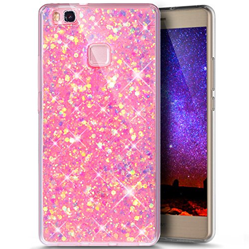 Huawei P9 Lite Hülle,Silikon Schutzhülle für Huawei P9 Lite,Huawei P9 Lite Bling Hülle,Ukayfe Luxus Schön Shiny Glänzend Glitzer Weiche TPU Abdeckung Crystal Silikon Tasche Schutzhülle Shinning Strass Rückseite Hülle Etui Cover für Huawei P9 Lite (Rosa)