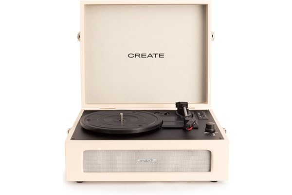 CREATE/Record Player Retro/Tocadiscos Retro Blanco Roto/Diseño Vintage, Bluetooth, USB, SD, MicroSD,Mp3, Sonido estéreo, 3 velocidades de reproducción, para Todo Tipo de vinilos