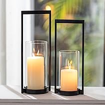 Lot De 2 Bougeoirs En Métal Noir Avec Cylindre En Verre - Photophores Décoratifs Pour Bougies Chauffe-plat Ou LED - Décoration Mariage, Salon