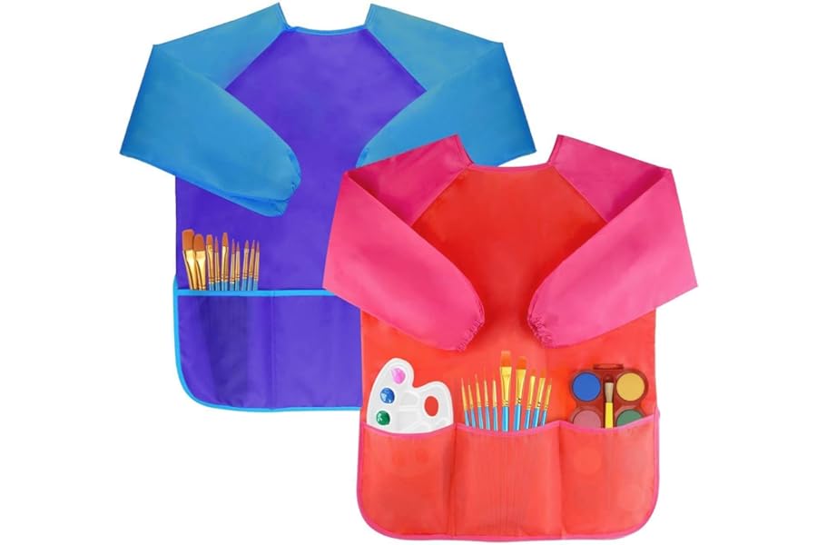 Amaza Kids Painting Aprons with Sleeves and 3 Pockets for Age 3-8 Years, 2Pcs Waterproof Toddler Art Smocks for Painting, Childrens Artist Aprons for Art,Craft,School (Blue & Red)