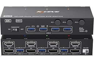 Przełącznik KVM 2 Monitory 3 Komputery 4K@144Hz, MLEEDA HDMI + DP Dual Monitor KVM Switch 3 Computers Udostępnij 2 Monitors i 4 Porty USB 3.0, z Adapter Zasilania, Przewodowy Pilot i 3 Kable USB