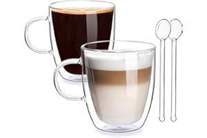 Joeyan Vasos de Café de Doble Pared Juego de 2-400ml Tazas de Vidrio Borosilicato - Vasos de Café con Mango para Té, Latte, Leche, Cappuccino, Jugo - 2 Cuchara de Vidrio Gratis