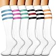Laite Hebe Compression Socks for Women & Men Circulation(6 pairs)-Graduated Supports Socks for Running, Athletic Sports, White Stripe, L-XL
