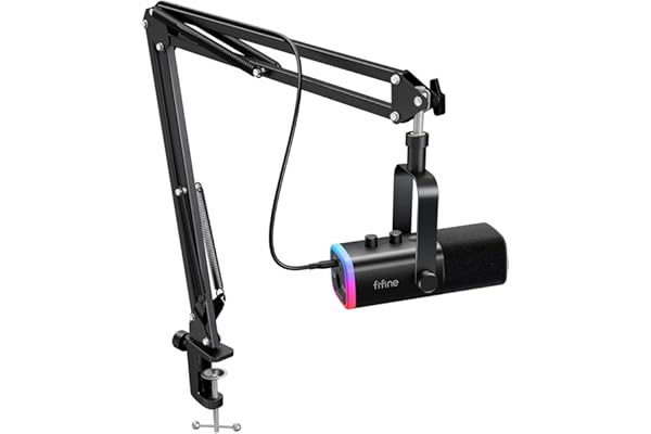 FIFINE XLR/USB Gaming Microphone Kit, Dynamic PC Mic for Streaming Podcasting, Computer RGB Mic Set with Boom Arm Stand, Mute Button, Headphones Jack, for Recording Vocal Voice-Over-AmpliGame AM8T