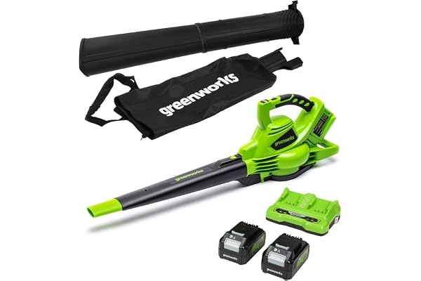 Greenworks 48(24V x 2) Aspirateur Souffleur Sans fil de Feuilles à Batterie Bandoulière, Moteur Sans Balais, 322km/h, 9m³/min,Sac Mulching 45L, 2 Batteries 24V 4Ah, Chargeur,Garantie 3 Ans GD24X2BVK4X