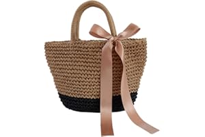 Minetom Sac Paille Femme Sac Tissé Sac à Bandoulière Tissage Sac à Main Rétro Grande Capacité Tressé Sac de Voyage Chic Bowknot Naturel Bag