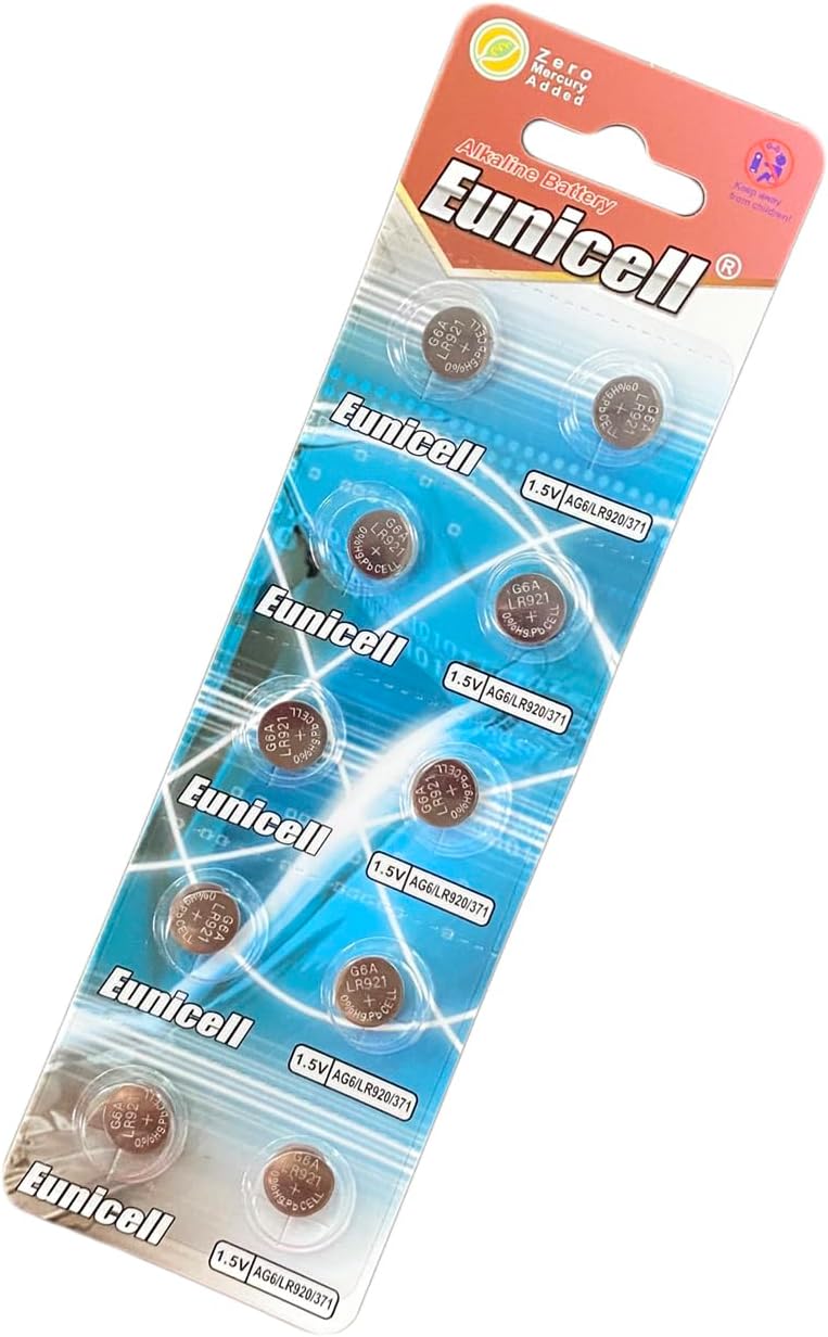 Pack of 10 - LR920/AG6 Eunicell 1.5V Button Coin Cell Alkaline Batteries - Suitable for use in LED lights, Digital Voice Recorders, Toys, Blood Glucose, Cholesterol Testing, Meters, Toys