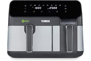 Tower T17099 Vortx 5.2L & 3.3L Eco Dual Basket Air Fryer with 8 One-Touch Pre-sets, 1700W, Black