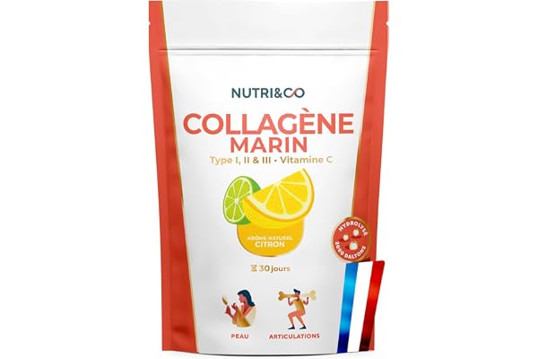 NUTRI & CO Collagene Marin Poudre Types 1, 2, 3 + Vitamine C, Breveté Naticol® & Cartydiss®, Peptides Hydrolysés 2000 DA, Format 30jrs 180g, Goût Citron, Fabriqué en France