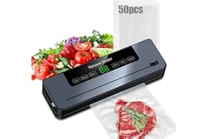 Lwuey Food Vacuum Sealer, 50pcs Sealing Bags Vac Pack Machine With Bag Cutter Sous Vide Cooking Tool One Touch Keep Fresh Vegatable Meat Fruit Storage Dry Grains Compact Kitchen Essential