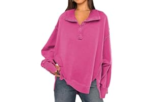 OLIPHEE Sudadera Mujer Sudadera Patchwork Gran Cuello V con Botones Suéter Vintage Talla Grande Sudadera sin Capucha Escote Doblado Manga Larga Sudadera Oversize Casual Sportwear