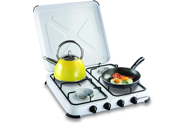 KEMPER - Plaque de cuisson gaz portable 4 feux - Réchaud gaz 4650W Blanc Couvercle et grilles amovibles Ideal Camping, Balcon, Cuisine Exterieure