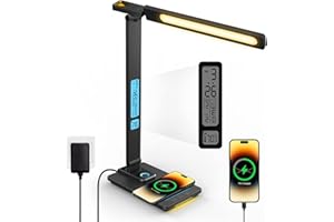 LAOPAO LED Lampa biurkowa z funkcją ładowania i zegarem - lampka nocna z ładowarką bezprzewodową 10 W, składana lampa biurkowa z portem ładowania USB
