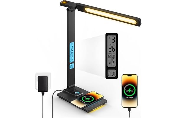 Lampe De Bureau Led Dimmable Avec Fonction - De Charge Horloge Lampe De Table Veilleuse Avec Chargeur Sans Fil 10W, Port De Charge Usb Lampe De Bureau Pliable