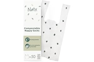 Naty compostable nappy bags | Easy tie handles | Fragrance-free nappy sacks for baby nappy changing & disposal, travel and pet waste |Plant-based bags for prams | On-the-go use | 50 count