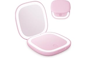 HENKi Miroir de poche, miroir de voyage LED avec lumière, petit miroir de poche avec grossissement 1x/3x, petit miroir avec éclairage, miroir pliant pour le maquillage avec lumière (Rose nu)