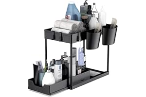 vvhippo Organizador Bajo Fregadero 2 Niveles, Deslizante Organizador Debajo Fregadero Cocina, con 4 Ganchos y 2 Cesta Colgante, Estante de Almacenamiento Deslizante Para Cosméticos Cocina Bano