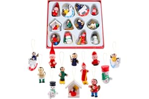 Gukasxi Christmas Miniature Ornament Set,Mini Wooden Christmas Tree Ornaments Figures Santa Snowman Advent Calendar Stuffers for Christmas Tree Hanging Decorations DIY Crafts,12 Pcs