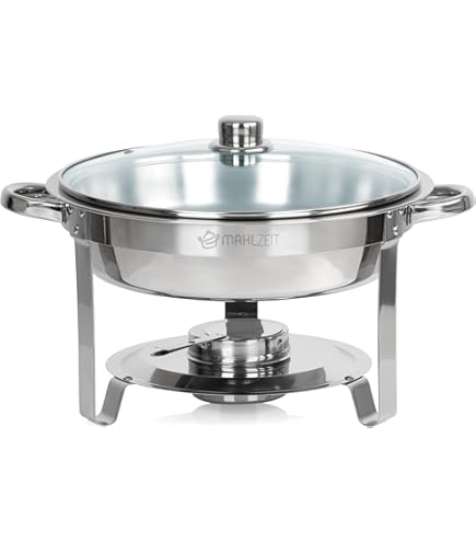 Roestvrij stalen chafing dish, rond, 5 l, voedselwarmer, buffetwarmer, warmtecontainer met glazen zichtdeksel en dekselhouder voor hotel, catering, buffet, bruiloft en pa (goud