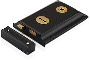 XFORT Serrure à jante traditionnelle, montée en surface avec loquet intégré et pêne dormant à clé, idéal pour les portes ou portails en bois sur les dépendances, noir, 15.2 x 10.2 cm