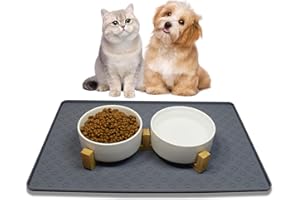 Nesirooh Ciotole per Cani Gatti Ceramica, Doppia Ciotola per Acqua e Cibo con Supporto in Bambù e Tappetino Antiscivolo per Gatti e Cani di Piccola Taglia (400ml, 2 Bianco)