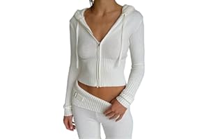 RTGSE Damen Y2K Reißverschluss Up Strick Crop Hoodies Vintage Rib Strick -Kapuze -Sweatshirts mit Hose Kleidung Set 90er Streetwear