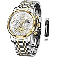 OLEVS Men's Business Watch Gold Blue with Large Easy-Read Analog Quartz Date Display Luxury Stainless Steel Band Waterproof Luminous Hands