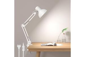 Lepro Lámpara Escritorio LED Industrial con Abrazadera Ajustable, Flexo LED Escritorio Metal Vintage 40W, Lámpara de Mesa de Noche para Cabecera, Estudio, Bombilla E27 No Incluida, Blanco