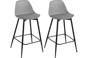 Klihome Sgabelli da Cucina, Sgabelli da Bar Set di 2, Sgabelli da Bar per Colazione con Schienale, con Sedile in PP Imbottito e Struttura in Metallo con Poggiapiedi, Grigio, K0003BH-2