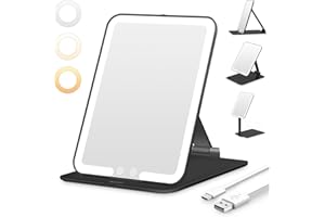 ‎AUXMIR Auxmir Lusterko kosmetyczne z oświetleniem, lusterko do makijażu, składane lusterko podróżne z 3 kolorami światła, czarne