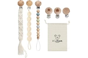 SLshiBo 3 Stück Schnullerkette Junge Enthalten 2 Schnullerkette Baumwolle 1 Schnullerband Holz mit 3 Schnullerclips Buchenholz und Aufbewahrungsbeutel für Jungen Und Mädchen