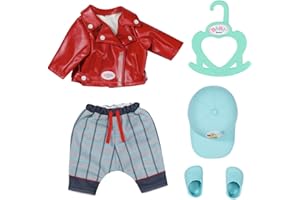 BABY born Little Cool Kids Outfit, 4 teiliges Set bestehend aus roter Jacke, karierter Hose, Mütze und Schuhen für 36 cm Puppen, inkl. Kleiderbügel, 832356 Zapf Creation