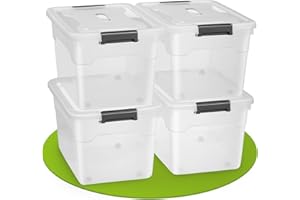 Juskys Boîte de rangement avec couvercle - ensemble de 4 boîtes en plastique de 60 l - grande boîte, empilable, transparente - rangement système de rangement boîtes de rangement