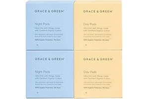 GRACE AND GREEN Grace & Green - Cotton Mixed Sanitary Pads - with Wings - Organic Bamboo - Biodegradable Packaging - Individually Wrapped - Sustainable - 40x Pads