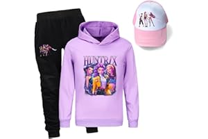 Moollyfox Huntrix Sweat à capuche 3 pièces pour enfant + pantalon de jogging + casquette de baseball, impression dessin animé, sweat à capuche et pantalon & chapeau fille garçon cadeau