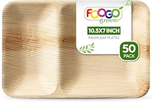 FOOGO Green 50 Disposable Palm Leaf Partition Trays, Medium 10.5x7 inch (26x18cm), for Starters, Desserts, Fish and Chips Plates, Eco Friendly Biodegradable Sturdy Hot Food Trays