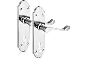 XFORT® Richmond Lever Lock Scroll Chrome Door Handles, Elegant Door Handle Set, Epsom Shaped on Long Backplate, Ideal for All Types of Internal Wooden Doors That Require Key Locking Security [1 Pair]