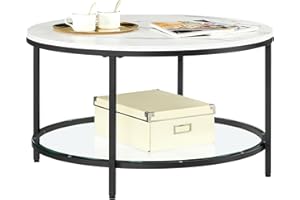 VASAGLE Mesa de Centro, Mesita de Salón, de Mármol de Imitación Redonda, Estante de Vidrio Templado, Montaje Fácil, Estilo Moderno, Blanco Mármol y Negro Tinta LCT071B13