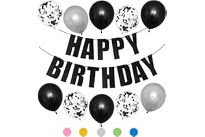 QIMMU Happy Birthday Girlande,Geburtstagsdeko Schwarz Silber,Birthday Decorations,Luftballons Geburtstag,Girlande Geburtstag,Party Deko Geburtstag,Happy Birthday Deko,Konfetti Luftballons