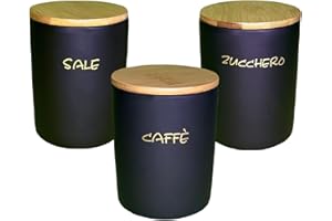 MECSAL CASALINGHI Set 3 Barattoli Contenitori, Tris Sale Zucchero Caffè, in Ceramica Tondi, con Tappo in Legno, Stile Shabby