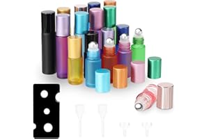 Zikenis 18 Pièces Flacon Roll on en Verre, Couleur Roll On Bouteilles en Verre 10ml 5ml, avec Rouleau en Acier Inoxydable Décapsuleur Entonnoir Compte-Gouttes, pour Huiles Essentielles Parfum Massage