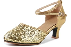 OCHENTA Womens Sequined Leather Pointed Toe Kitten Heel Latin Ballroom Dance Shoes