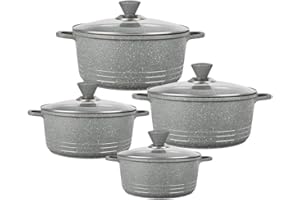 Bargain Shack Die Cast Stockpot Set - Aluminium 4Pcs Non Stick Coating Cooking Pot -Induction Stock Pot with Tempered Glass Lid with Steam Vent (20-24- 28-32 cm) (4 Pcs Marbled, Grey)
