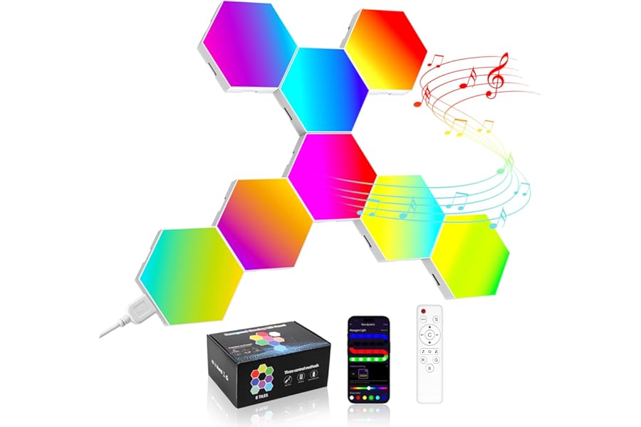 COLWINKU Hexagon Lights Gaming with Remote & App Control, 8 Pack RGB Led Hex Light Panels, Geometry Night Lamp DIY Hexagon Smart Wall Lights Sync to Music for Room Bar Decor Gaming Setup