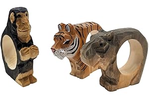 your castle Serviettenringe|Handgeschnitzt|Tierdesign - Tiger, AFFE, Nilpferd|3er-Set|aus Holz|Handbemalt|Vielseitig einsetzbar|mit Standfestem Boden|8x6x2 cm