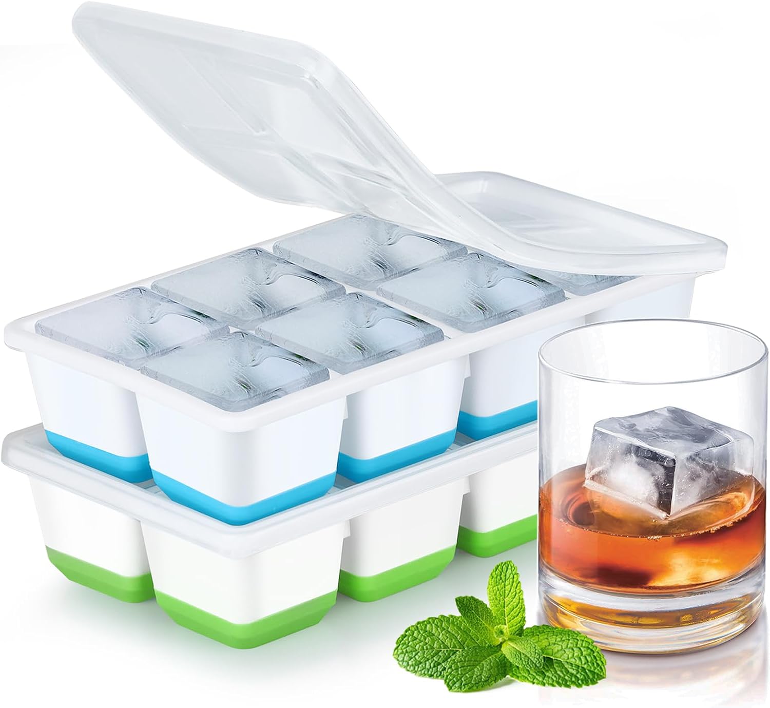 Cubiteras para Hielo Grande, JRISBO 2 Piezas Cubitera Silicona con Tapa para Cubitos de Hielo, Cubitera Silicona sin BPA Apilables Moldes de Hielo Ice Cube Tray para Cóctel Whisky (Azul + Verde)